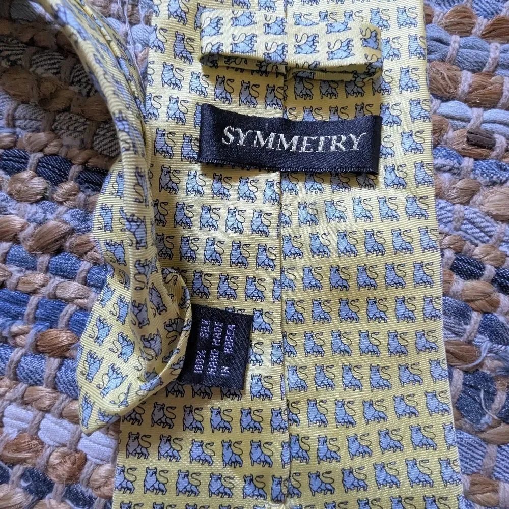 Yellow Blue Silk Dog Print Tie Necktie Novelty Print Fun Whimsical Puppies